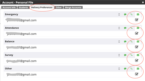 Additional Screen Shot showing more account preferences for parents in ParentLink 